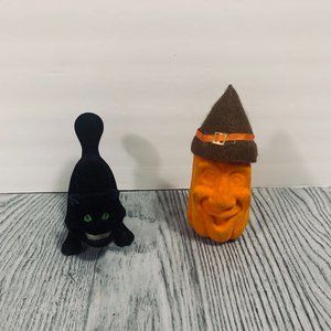 Vintage Russ Flocked Smiling Black Cat Green Eyes And Pumpkin Figures